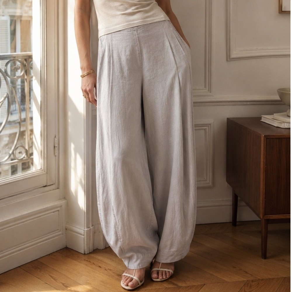 OSKA Grey Linen Blend Barrel Pants Trouser Lagenlook Wide Leg Size 10/12